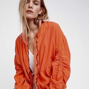 NWT Light Weight Free People Linen Ruched Sleeve Bomber Jacket In Orange